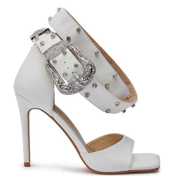 White Rhinestone Buckle Strap Stiletto Sandals - Picture 5 of 12